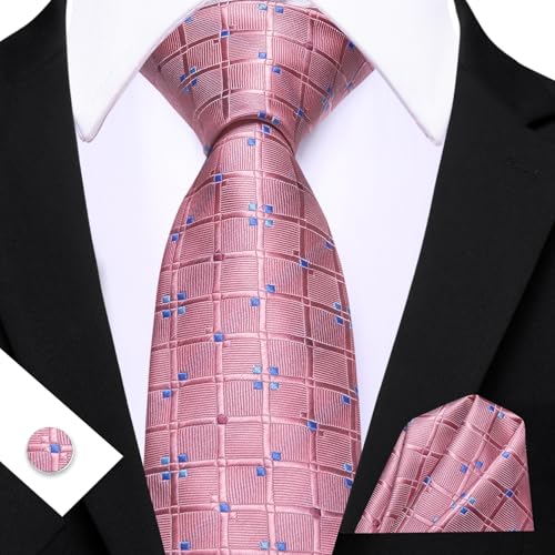 YOHOWA Men Plaid/Striped Ties Clip Set Silk Necktie Pocket Square Cufflinks | Woven Classic,Formal/Casual Mens Tie,Pocket Square Cufflinks Set,Luxury,Business,Wedding,Party,Prom,Graduation - color: Dusty Rose a