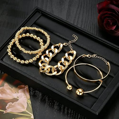 Golden Bangle Bracelets Set for Women, 14k Gold-Plated Multi Layer Stackable Cuff Bracelets, Personalized Boho Non Tarnish Adjustable Bangle Jewelry Gift for Her - color: 5PCS Golden Cuban Link Chain