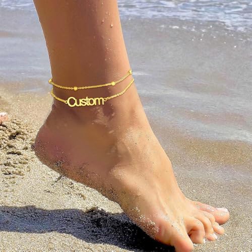 U7 Custom Layered Ankle Bracelets for Women Stainless Steel Bead/Cuban/Figaro/Rope/Wheat Chain Anklet Waterproof Anklet Jewelry for Beach Vacation - color: a-Gold Plated-Bead Chain