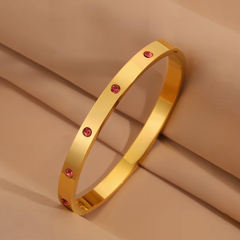 Gold Bangle Bracelet for Women, Stainless Steel Pink Crystal Adjustable Cuff