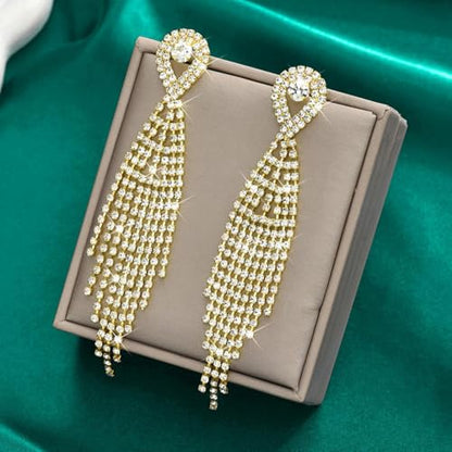 Rhinestone Earrings Prom Earrings for Women Sparkly Long Tassel Chandelier Drop Statement Earring Jewerly Gifts Wedding Party Prom Dresses Accessories - color: A2: gold prom earrings