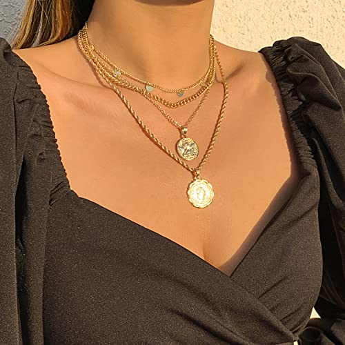 MJartoria Layered Necklaces for Women Trendy Retro Coin Pendant Chain Necklaces Dainty Link Chain Choker Necklaces for Jewelry Birthday Gifts - color: Golden