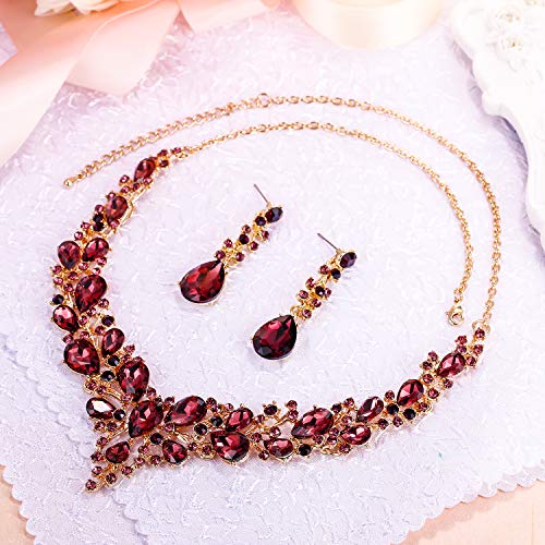 Women's Wedding Statement Necklace Dangle Earring Jewelry | Austrian Crystal Teardrop Cluster,Necklaces Earrings Set for Bride Bridesmaid,Prom Accessories - color: 06-Deep Amethyst Color Gold-Plated-Base