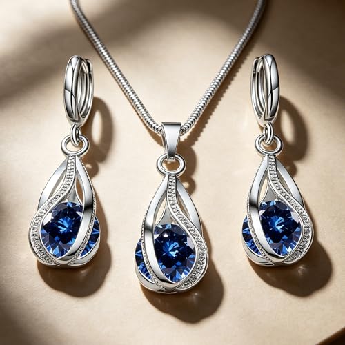 Crystal Jewelry AlloyTeardrop Pendant Necklace Drop Earrings Set Elegant Sapphire Color Jewelry for Women - color: Blue