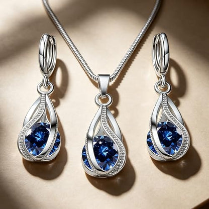 Crystal Jewelry AlloyTeardrop Pendant Necklace Drop Earrings Set Elegant Sapphire Color Jewelry for Women - color: Blue
