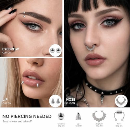 Fake Piercing Body Jewelry, Eyebrow Ring Fake Lip Labret Studs Replacement Balls Spike with Face Gems, y2k Accessories Nose Stick on Silver Belly Button Sticker for Women Men