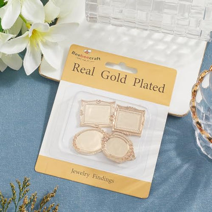 Beebeecraft 1 Box 4Pcs Pendant Trays Kit 14K Gold Plated Cabochon Settings Charms Blank Bezel Charm Round Oval Rectangle for Jewelry Making Necklace DIY Crafts - color: #3 Mix 4 Styles