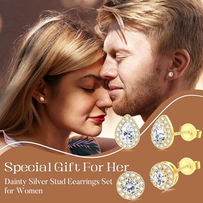SAILIMUE Hypoallergenic Sterling Silver Stud Earrings for Women Men | Brilliant Heart Knot Round Cubic Zirconia Earring Studs for Sensitive Ears Gold Silver Tone - color: gold-B