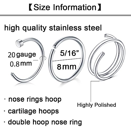 Longita 20g Nose Rings Hoop L Shape Nose Studs Stainless Steel Nose Screw Bone Flat Top Diamond Opal Heart High Nostril Piercing Jewelry Silver Rose Gold Black Pack for Women Men - color: 51-20g-silver
