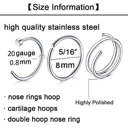 Longita 20g Nose Rings Hoop L Shape Nose Studs Stainless Steel Nose Screw Bone Flat Top Diamond Opal Heart High Nostril Piercing Jewelry Silver Rose Gold Black Pack for Women Men - color: 51-20g-silver