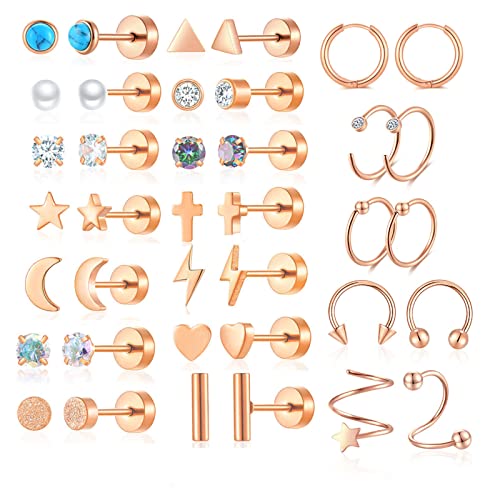 38Pcs Stainless Steel Earrings Set for Women Men 14K Gold Plated Small Flat Back Stud Earrings Hoop Earrings Women Men Hypoallergenic Cubic Zirconia Earrings Cartilage Earrings Rook Daith Tragues Lobe Conch Septum Piercing Jewelry - color: D:Rose Gold