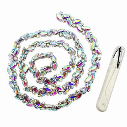 Rhinestone Chain Trim 1 Yard Sew-On Crystal for Wedding Bridal | 90cm long, 1.5cm wide marquise AB crystal bling chain with craft scissors for bridal dress veil cake DIY - color: Rainbow