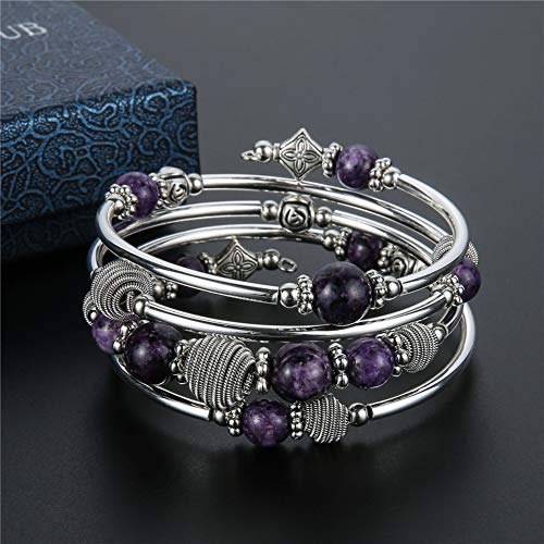 PEARL&CLUB Beaded Chakra Bangle Turquoise Bracelet - Fashion Jewelry Wrap Bracelet with Thick Silver Metal and Mala Beads, Birthday Gifts For Women - color: Purple