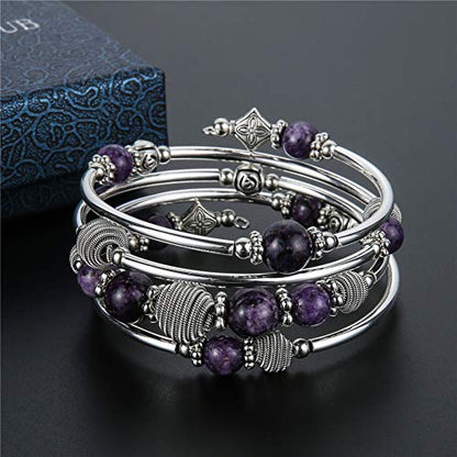 PEARL&CLUB Beaded Chakra Bangle Turquoise Bracelet - Fashion Jewelry Wrap Bracelet with Thick Silver Metal and Mala Beads, Birthday Gifts For Women - color: Purple