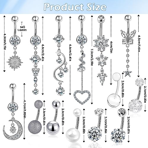 14 PCS Belly Button Rings for Women, 14G Long Dangle Navel Ring Screw Bar Design Body Piercing Jewelry Belly Rings Gifts