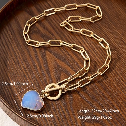 14K Gold Plated Two Sides Carved Stone Heart Shape Necklace for Women Love Pendant Necklace Jewelry for Daily and Gifts - color: Opal