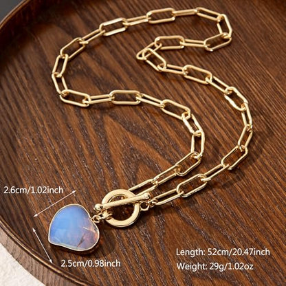 14K Gold Plated Two Sides Carved Stone Heart Shape Necklace for Women Love Pendant Necklace Jewelry for Daily and Gifts - color: Opal