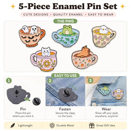5Pcs Cute Coffee Cat Sloth Enamel Pin Set Cartoon Animal Coffee Cup Brooch Badges, Funny Lapel Pins for Backpacks, Jackets, Bags, Coffee Lover Gift - color: JH-116