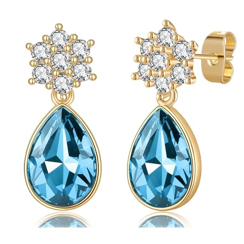 Elegant Austrian Crystal Teardrop Dangle Earrings for Women,14K Gold Plated Flower Drop Earrings Jewelry Gift for Birthday Wedding Anniversary - color: Aquamarine