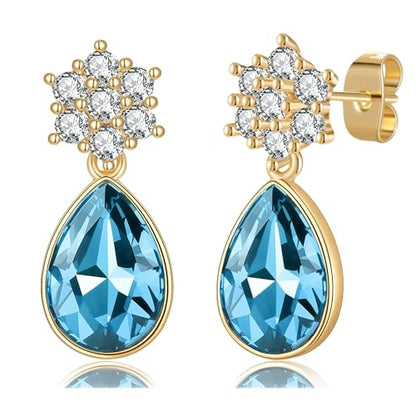 Elegant Austrian Crystal Teardrop Dangle Earrings for Women,14K Gold Plated Flower Drop Earrings Jewelry Gift for Birthday Wedding Anniversary - color: Aquamarine