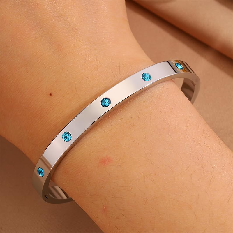 Women’s Silver Bracelet with Blue Crystals – Stainless Steel Slim Hinged Bangle