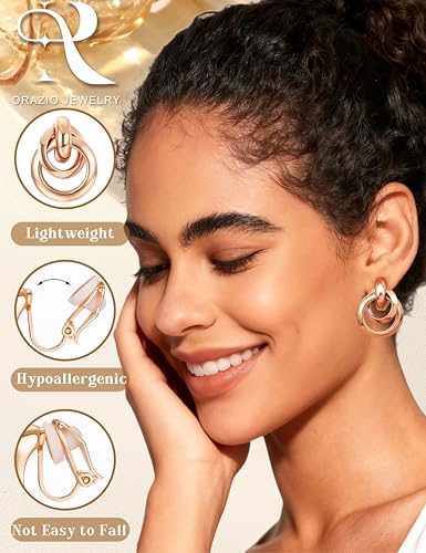ORAZIO 4Pairs Clip On Earrings for Women Gold Silver Clip On Hoop Earrings Chunky Teardrop Clip Earrings Twist Round Clip On Stud Earrings No Piercing Fake Earrings Set - color: Rose Gold