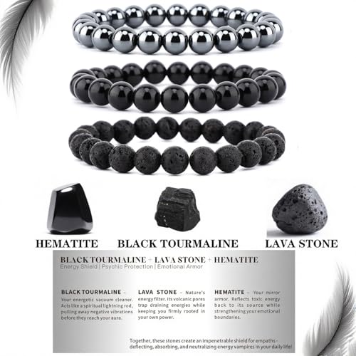 4mm 6mm 8mm Healing Crystal Bracelets for Women Men Natural Stone Beaded Stretch Bracelet Handmade Gemstone Reiki Spiritual Jewelry Gifts - color: Tourmaline+Lava+Hematite-Empath Protection, size: 8mm