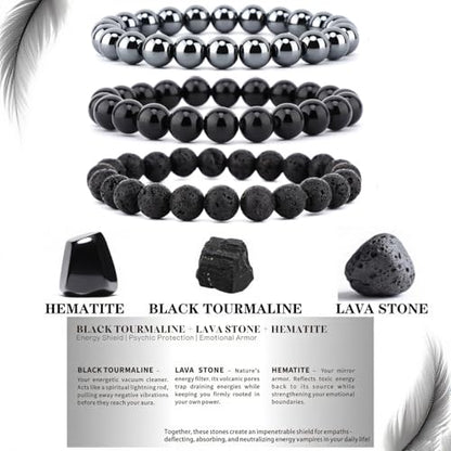 4mm 6mm 8mm Healing Crystal Bracelets for Women Men Natural Stone Beaded Stretch Bracelet Handmade Gemstone Reiki Spiritual Jewelry Gifts - color: Tourmaline+Lava+Hematite-Empath Protection, size: 8mm