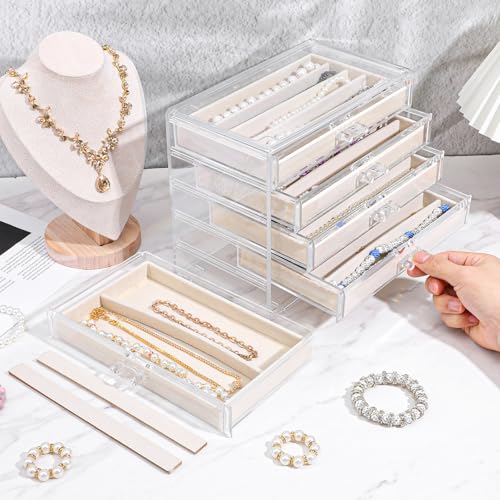 5 Drawer Acrylic Necklace Holder Organizer, Clear Stackable Jewelry Box with Adjustable Velvet Trays for Necklace, Earring, and Ring Storage Display
