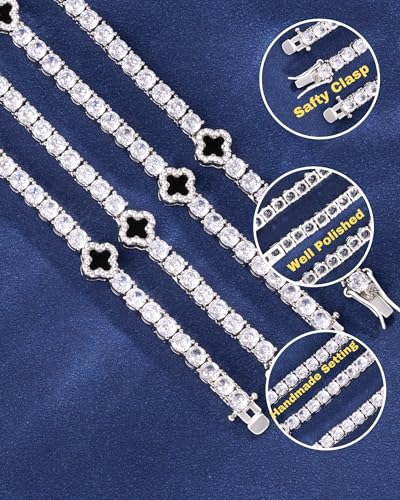 LuxeFlex 4mm Iced Out Four Leaf Tennis Chain,White Gold Plated with 5A Zircon Stones, exquisite Handmade Hip Hop Bling Necklace Perfect Unisex Jewelry Gift - color: White Gold, size: 20 INCH