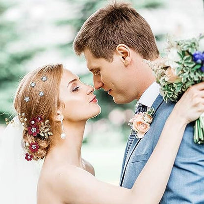 Cinaci 18 Pieces Bridal Wedding Party Prom Pearl Rhinestone Burgundy Flower Hair Side Combs Slides+U-shaped Flower Hair Pins+Twist Spiral Hairpins Floral Headpieces for Brides Bridesmaids Women Girls - color: Burgundy