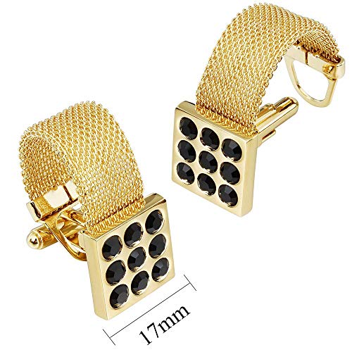 HAWSON Mens Cufflinks with Chain - Stone and Shiny Gold Tone Shirt Accessories - Party Gifts for Young Men - color: 24K Gold Color+Jat Black Crystal