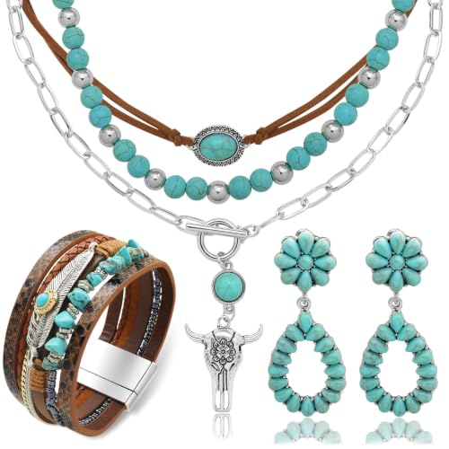 RechicGu Western Jewelry For Women Bohemian Turquoise Dangle Earrings Necklace Bracelet Set, Bullhead Pendant Layered Choker Boho Faux Leather Wristband Country Concert Cowgirl Accessories - color: Jewelry Set B