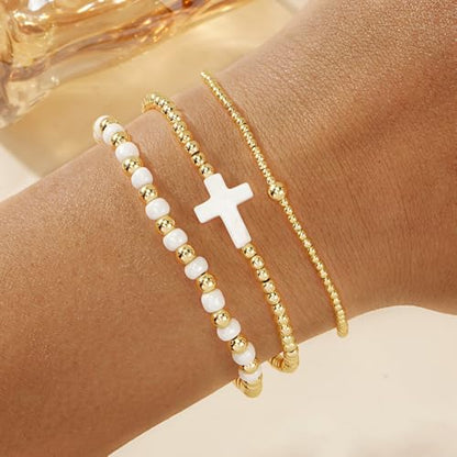 14K Gold Plated Beaded 3Pcs Stack Bracelets for Women, Dainty Trendy Freshwater Stackable Pearl Paperclip Cross Chain Gold Balls Stretch Accessories Jewelry Vacation Gift - color: white