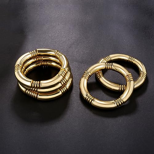 Gold Chunky Bangles Bracelets For Women 14k Gold Plated Stack Layered Curved Bamboo Tube Stretch Bracelets Gift Jewelry - color: 5pcs Gold