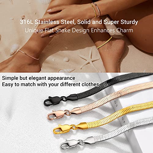 PROSTEEL 316L Stainless Steel Herringbone Flat Chain Bracelets/Anklets, Beautiful Summer Jewelry, Black/Yellow Gold/Rose Gold Plated, 6.3inch/8.5inch Adjustable, Come Box - color: Black