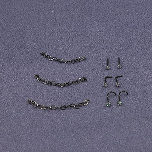 Nose Ring Chain Across Nose Black Stainless Steel Nostril Nose Piercing Chain with Cubic Zirconia Nose Screw Bone L-Shaped Ring for Women Body Piercing Nostril Jewelry with Bridge Chain - color: Black-Heart Nose Chain Studs