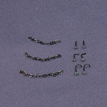 Nose Ring Chain Across Nose Black Stainless Steel Nostril Nose Piercing Chain with Cubic Zirconia Nose Screw Bone L-Shaped Ring for Women Body Piercing Nostril Jewelry with Bridge Chain - color: Black-Heart Nose Chain Studs