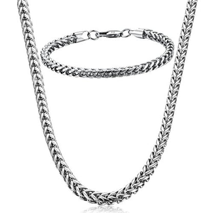 FIBO STEEL Stainless Steel Wheat Chain Necklace for Men Necklace Bracelet Jewelry Set 5mm in Width, 22" 8.5" - color: Silver-tone