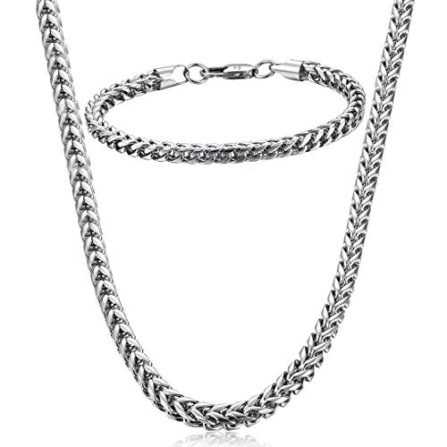 FIBO STEEL Stainless Steel Wheat Chain Necklace for Men Necklace Bracelet Jewelry Set 5mm in Width, 22" 8.5" - color: Silver-tone