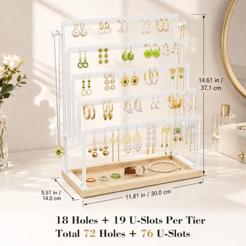 Large 5 Tier Earring Organizer and Holder, White | 100+ pair earring storage, jewelry holder stand, clean white finish, ideal for bright bedrooms and modern vanities - color: White