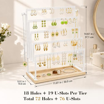 Large 5 Tier Earring Organizer and Holder, White | 100+ pair earring storage, jewelry holder stand, clean white finish, ideal for bright bedrooms and modern vanities - color: White