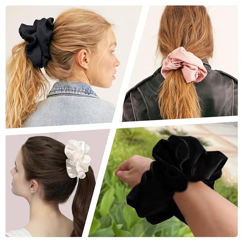 16 Pcs Scrunchies for Women - Black Satin Silk Scrunchies for Girls Hair Ties Elastics Bands Ponytail Holder Hair Accessories - color: BLACK SCRUNCHIES