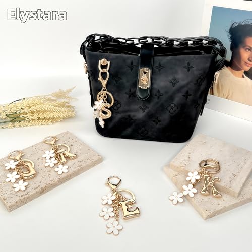 Floral Series Initial Bag Charm, Cute Flower & Bubble Letter Purse Charms, Keychain Accessories Gift for Women - color: White Flower, style: S