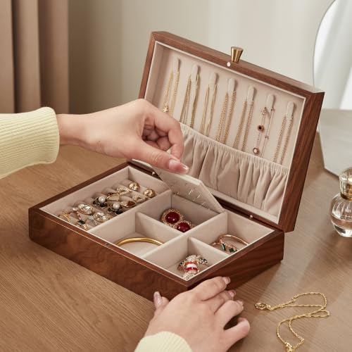 Walnut Wood Jewelry Box with Necklace Hook, Gift for Women | 7 Necklace Hooks, Velvet-Lined, Stores Watches Rings Earrings Necklaces Bracelets, Jewelry Organizer, Gift for Her - style: 1 Layer A