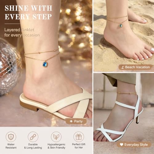 Waterproof Gold Plated Layered Anklets for Women Daisy/Herringbone/Heart Charm/Bead Chain Non Tarnish Stainless Steel Summer Foot Jewelry Gift for Her, with Gift Box - color: 2. square stone+ beaded chain