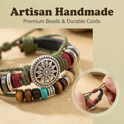 Bohemian Sunflower Hand-Woven Bracelet for Women - Multilayer Beaded Western Jewelry - Adjustable Boho Stackable Bracelet for Summer Beach & Festival Outfits