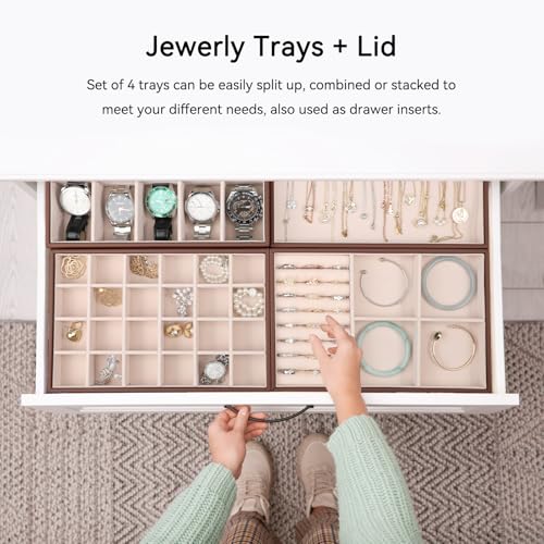 Voova Stackable Jewelry Organizer Tray with Lid (Set of 4, Coffee) | Stackable PU leather jewelry trays with drawer inserts for earrings, rings, necklaces, bracelets and watches; set of 4 - color: Caramel Brown
