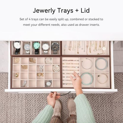 Voova Stackable Jewelry Organizer Tray with Lid (Set of 4, Coffee) | Stackable PU leather jewelry trays with drawer inserts for earrings, rings, necklaces, bracelets and watches; set of 4 - color: Caramel Brown