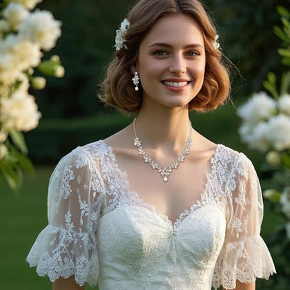 Women's Wedding Jewelry Set Leaf Flower for Bridal Prom Party | Stunning Crystal Teardrop Marquise Cluster Pendant Necklace Dangle Earrings Set for Bride Bridesmaid - color: 04-Clear Silver-Tone